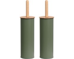 Zeller Toiletborstel in houder - 2x stuks - bamboe hout - salie groen - H38 x D10 cm - wc borstels
