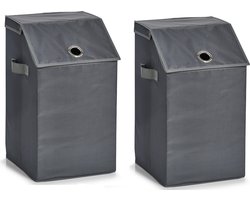 Zeller Wasmand - Set van 2x stuks - antraciet - met deksel - polyester - 34 x 34 x 60 cm - Wasgoedmanden