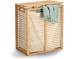 Zeller Wasmand/kist - bamboe/katoen - met deksel en canvas waszak - naturel - 53 x 33 x 61 cm