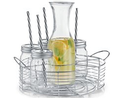 Zeller Water of sap Karaf - met 6 Mason Jars glazen - Glas - Metalen Houder - 1 Liter - Vaatwasserbestendig