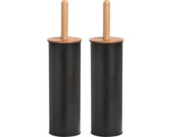 Zeller WC/Toiletborstel in houder - 2x stuks - bamboe hout - zwart - H38 x D10 cm