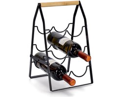 Zeller Wijnflessen rek - 6 flessen - zwart - metaal/bamboe - opvouwbaar - 23 x 37 cm