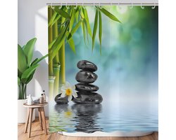 Zen Garden douchegordijn 180 x 180 cm - Spa groen bamboe zwart steen witte bloem - Waterdicht polyester - Badkamer gordijnen Japanse meditatie ontspannend - Met haken - Meerdere maten