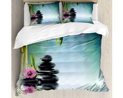 Zen Tuin Dekobedovertrekset met Roze Bloemen, Spa Stenen en Bamboe - Inclusief Kussenslopen