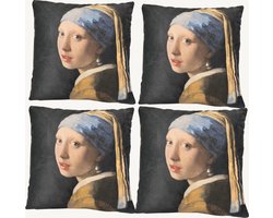 Zenxhome 4 stuks Sierkussen 40x40 cm - Meisje met de Parel - Decoratief Kussen Inclusief Vulling - Luxe Design Kussen voor Bank, Sofa en Woonkamer - Kunst Kussen