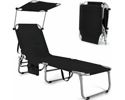 Zenzee Ligbed – Zonnebed – Ligstoel - Met zonnedak – Tot 150 Kg - Zwart – 193 x 56 cm