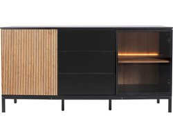 Zenzee Thora- Dressoir - Vitrinekast - 2 deuren – 3 lades - Met glas - Met LED verlichting - Natuur Zwart