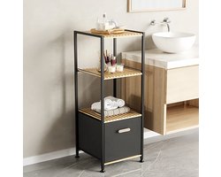 Zeo Wood® Badkamerrek 4 Laags – Opbergrek met Mand – Keukenrek – Badkamer Organizer – Vrijstaand Rek – Metaal & Hout – Zwart