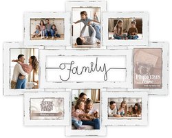 ZEP - Houten Multi Fotolijst Chieri wit met metalen tekst Family voor foto's 4x 10x15 en 4x 13x18 (afmeting 68x56 cm) - UT888