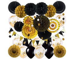 ZERODECO Zwarte en gouden feestdecoraties, confetti ballonnen decoratieve opvouwbare ventilatoren papieren pompons driehoek vlaggen slingers voor afstuderen bruiloft verjaardag foto achtergrond