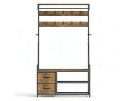 Zes-in-één multifunctionele kapstok 100x40x180cm bruin+zwart met opbergplank, schoenenbank, schoenenrek, 2 lades, kledingroede en 10 haken Stevig metalen frame Modern en stijlvol ontwerp Geschikt voor hal en slaapkamer
