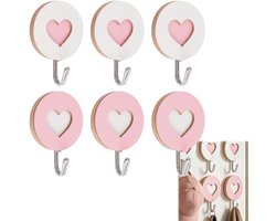 Zes roze, hartvormige houten haakjes (drie roze en drie witte), zelfklevend en boren is niet nodig, schattig en stevig, Geschikt voor het ophangen van lichte Geschikt voorwerpen zoals kleding, tassen, sjaals, handdoeken, sleutels, kleine mandjes, enz