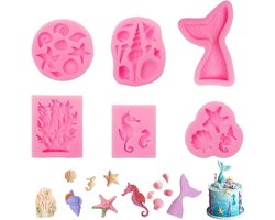 Zes Stuks Siliconen Mallen voor Fondant en Chocolade, Zeemeermin Vorm, Perfect voor Taartdecoratie en Koud Porselein