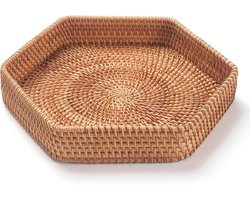Zeshoekige Dienblad van Gevlochten Rotan - Decoratieve Mand voor Salontafel of Ottoman