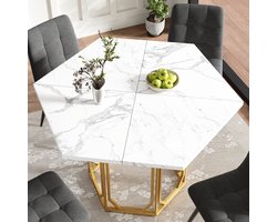 Zeshoekige eettafel - 1 stuk - keukentafel - ontbijttafel - tafelblad met marmerpatroon - gouden tafelpoten