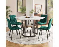 Zeshoekige Eettafel met 4 Stoelen - Marmer Look Tafel - Velvet Samt Stoelen Groen - Complete Eetkamerset - Groen/Marmer
