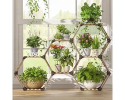 Zeshoekige plantenstandaard voor binnen en buiten - creatief doe-het-zelf plantenrek - bloemenrek voor ramen hoek woonkamer balkon tuin kantoor - 7 verdiepingen - hout - 141 x 25 x 97 cm