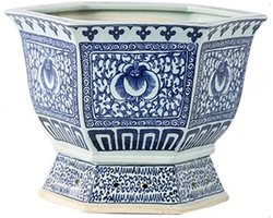 Zeshoekige Porseleinen Bloempot met Handgeschilderd Orchidee Patroon - 22,5 cm
