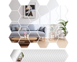Zeshoekige Spiegel Muurstickers - 24 Stuks Acryl Zelfklevend voor Woondecoratie - Woonkamer Hal Badkamer Slaapkamer DIY Home Art Wanddecoratie 126 x 110 x 63mm Zilver