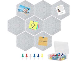 Zeshoekige zelfklevende kurk prikborden - 8 stuks, grijs - incl. 50 spelden