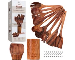 Zessta Keukengerei Set 12-Delig + Houder - Keukengerei Hout - Houten Spatel - Kookgerei Set - Keukenset - Bakspatel - Spatelset - Kookset - Teakhout