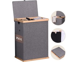 Zessta® Wasmand 2 Vakken - Wasmand met deksel - Wasmand - Wassorteerder - Opvouwbaar - Inklapbaar - 160L - Grijs - Bamboe