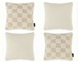 Zest - 4-delige Kussenset Fleece - Mix van Schaakbord & Effen - 40x40 cm - Crème/Beige - Inclusief binnenkussens & Rits - Warme Decoratiekussens voor de Bank