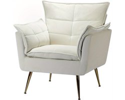 Zetel – Fauteuil – Leunstoel – Lounge Stoel – Armstoel – Modern Velvet – Gouden Metalen Poten – Comfortabele Dikke Zitting – Ivoorkleurig