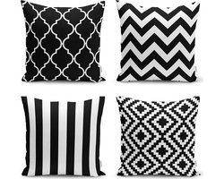 Zethome Kussenhoes Vierkantjes Set - 4 Stuk - Dubbelzijdig Bedrukt – Soft Touch – 43 x 43 cm - Geometrische Vormen -  Zwart Witte