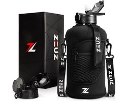 ZEUZ Grote Waterfles 2,2 Liter met Handvat – 2200 ML Drinkfles met Rietje & Bidon - BPA Vrij – 2.2 L - Zwart