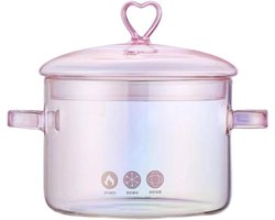 Zeynomax - Glazen kookpan met deksel 1,5 liter - Transparante glazen pot voor koken op fornuis - Ideaal voor pasta, soep, melk en thee - Roze