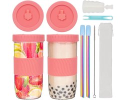 ZgoEC 24 oz Bubble Tea Beker met Rietje en Deksel, Verpakking van 2 Drinkglazen met Deksel en Rietje, Bubble Tea Glazen, Glazen Beker met Rietje, Smoothie Beker, Tumbler Beker voor Boba Koffie Smoothie.