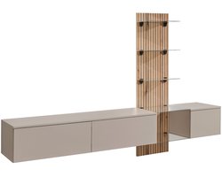 ZHPK Luxe TV Wandmeubel met LED en Glazen Planken – Zwevend TV Meubel – Modern Design – Beige/Eikenlook – 220x160x40 cm