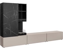 ZHPK Meubelwand met Bio-ethanol Haard en Opbergruimte – TV-meubel, Zwart Marmerlook & Kasjmier Beige, Moderne Woonkamerkast