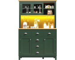 Zijboard / Opbergkast / Keukenkast / Buffetkast, 104x40x180 cm, landelijke stijl, 4 deuren, met LED-lichtstrip & drankhouders, groen