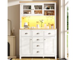 Zijboard / Opbergkast / Keukenkast / Buffetkast, 104x40x180 cm, landelijke stijl, 4 deuren, met LED-lichtstrip & drankhouders, wit