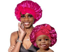 Zijden Babymutsen Set Satijnen Elastische Band Moeder en Baby Meisjes Jongens Felroze