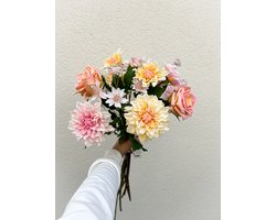 Zijden Boeket Zomerdroom – Real Touch Dahlia’s, Roze Rozen & Astrantia – Luxe Kunstbloemen Cadeau – Moederdag – Brolandelijk