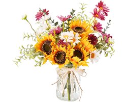Zijden Kunstbloemen Boeket in Glazen Vaas - Realistisch Zonnebloem Arrangement voor Woondecoratie