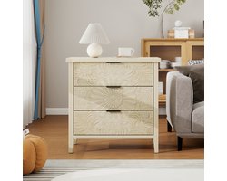 Zijkast in natuurlijke houtlook, opbergkast met drie laden en reliëfmotief. De verwisselbare ladefronten zorgen voor verschillende visuele effecten. Geschikt voor woonkamer, slaapkamer,