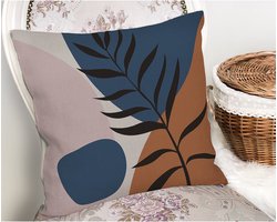 Zijou - Sierkussenhoes Blad patroon - 45x45cm - dubbelzijdig bedrukt - blauw en bruin