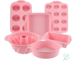 ZijTak - Bakset - 6-delig - cakevorm - tulband - spiraalcake - muffinvorm - cupcakevorm - brownievorm - vierkant bakvorm - taartvorm -  - muffin - cupcake - cake - taart - gebak - brownie - vierkant - roze