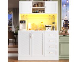 Zijwand / Opbergkast / Keukenkast / Buffetkast, 120x40x188cm, met LED-verlichting, Snackplank & Drankhouders, 4 Deuren & 2 Grote Laden, Wit