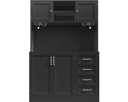 Zijwand / Opbergkast / Keukenkast / Buffetkast, 120x40x188cm, met LED-verlichting, Snackplank & Drankhouders, 4 Deuren & 2 Grote Laden, Zwart