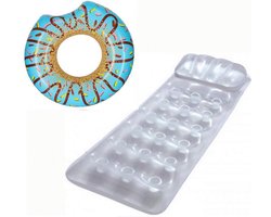 Zilver Luchtbed - 188 x 71 cm + Opblaasbare Zwemband Blauwe Donut 107 cm Luchtband Drijfstoel Drijvende WaterStoel LoungeStoel WaterHangmat Zwembad Ligbed Luchtbed - Floating Bed - Drijvende Water Ligstoel - Opblaasbaar