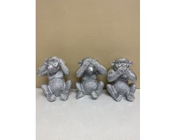 Zilveren apen " horen, zien & zwijgen" beeldjes - zilver - set van 3 - 13 cm hoog - polyresin - decoratief