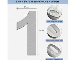 Zilveren huisnummer - zelfklevend roestvrij staal - 1 stuk