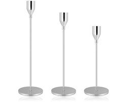 Zilveren Kandelaar Set van 3 – Metalen Kaarsenhouder voor Dinerkaarsen 1,9 cm – Decoratieve Kaarsenstandaard voor Woondecoratie, Bruiloft, Diner en Feest