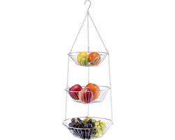 Zilveren ronde fruitschaal 3-laags hangend 72 cm - Keukenaccessoires/benodigdheden - Fruitschalen/fruitmanden - Fruitschalen van metaal