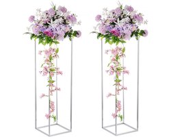 Zilverkleurige bloemenstandaard, voor bruiloft, middenstukken, 2 stuks, zuilvazen met metalen plaat, 100 cm hoge vloervaas, geometrische zilveren vazen voor tafeldecoratie, bruiloft, feest, decoratie woonkamer